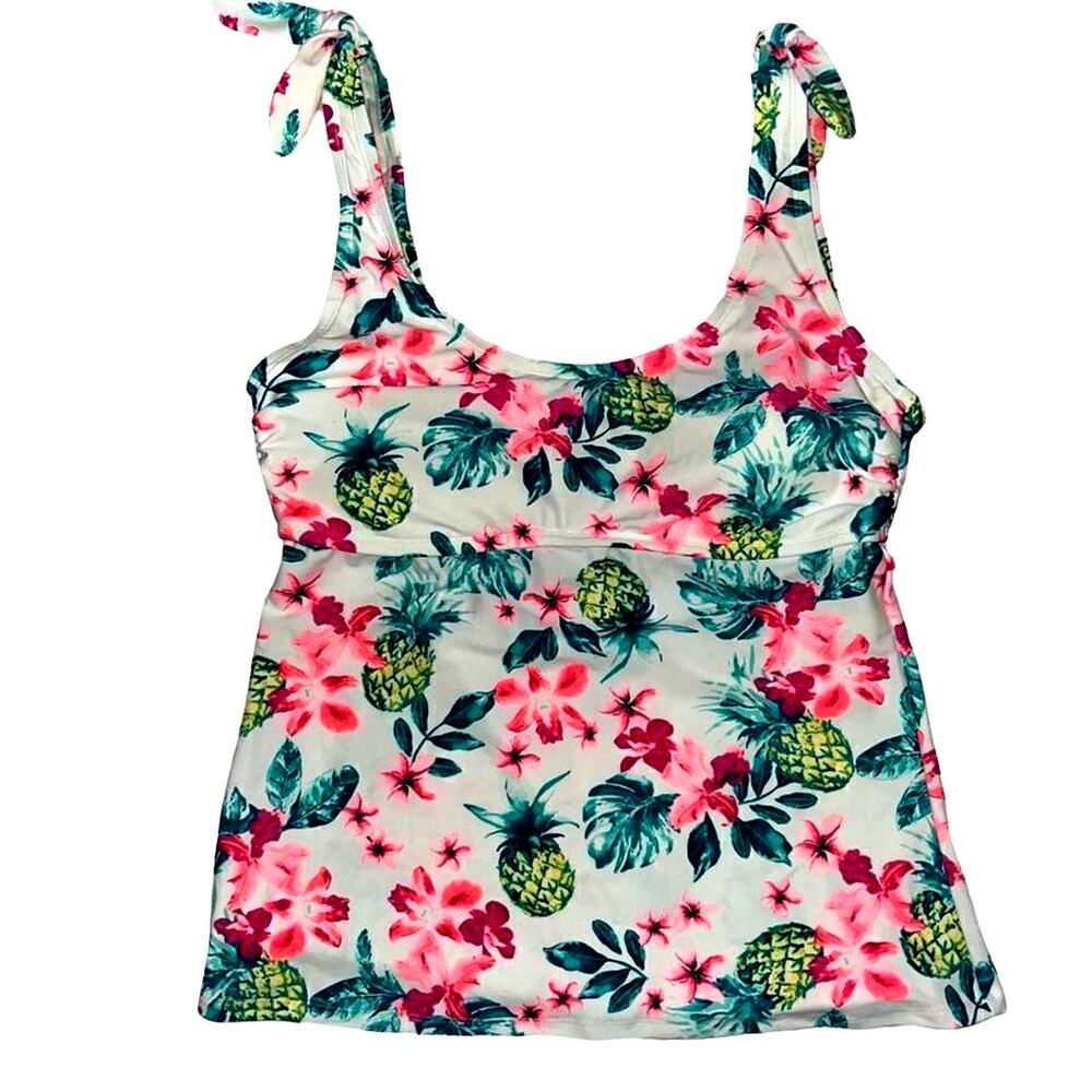 Arizona Jean Co Womens XL Tankini Top Tropical Pineapple Floral Tie Shoulder NWT